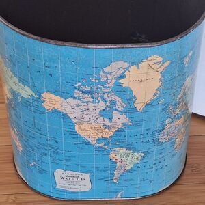 Vintage Hammond's World Map Waste Basket Garbage Can Tin Litho Trash Can 50s 60s